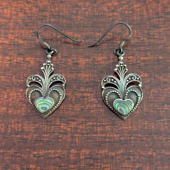 Heart Abalone Dangle Earrings Sterling Silver Boho Victorian Filigree Folk Art - Picture 5 of 6